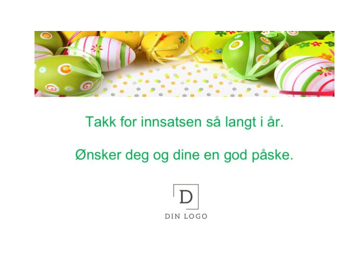 Klassisk Påskekort - Klassisk påskekort Legg til din egen hilsen og logo for et personlig preg. Teksten er veiledende, slik at du kan tilpasse den etter behov. Personalisert ditt påskeegg og/eller påskegave med et påske kort Dette kortet er en fin kombinasjon sammen med Gullegg 18cm Anthon Berg Spesial. Klassisk påskekort design med påskeegg og vårblomster - Tilpass med egen logo