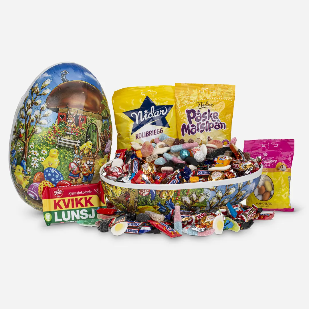 Påskeegg 30cm Påskefavoritter 2kg - Innhold: Smågodt 1000g, IPB Classic 550g, Nidar Påske Marsipan 138g, Kolibriegg pose 168g, Anthon Berg Mandelegg 80g, Kvikk Lunsj 47g Påskeegg 30cm Påskefavoritter 2kg
