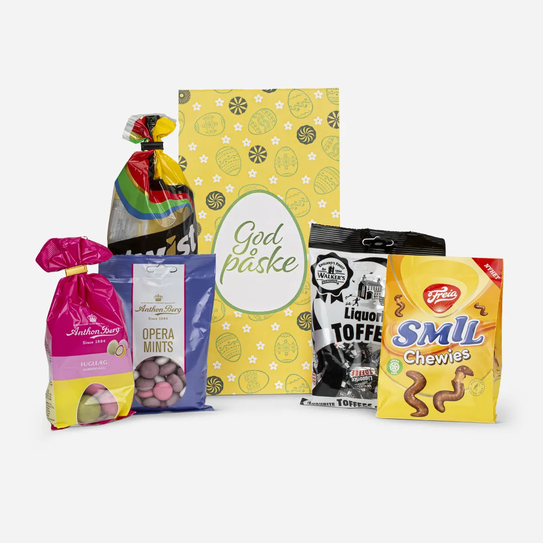 Påskeposen - Innhold: Twist 145g, Walkers Liqourice 119g, Smil Chewies 110g NYHET PÅSKEN 2025, Anthon Berg Fugleegg / Marsipanegg Påske 124g, Anthon Berg Opera Mints 140g Påskeposen