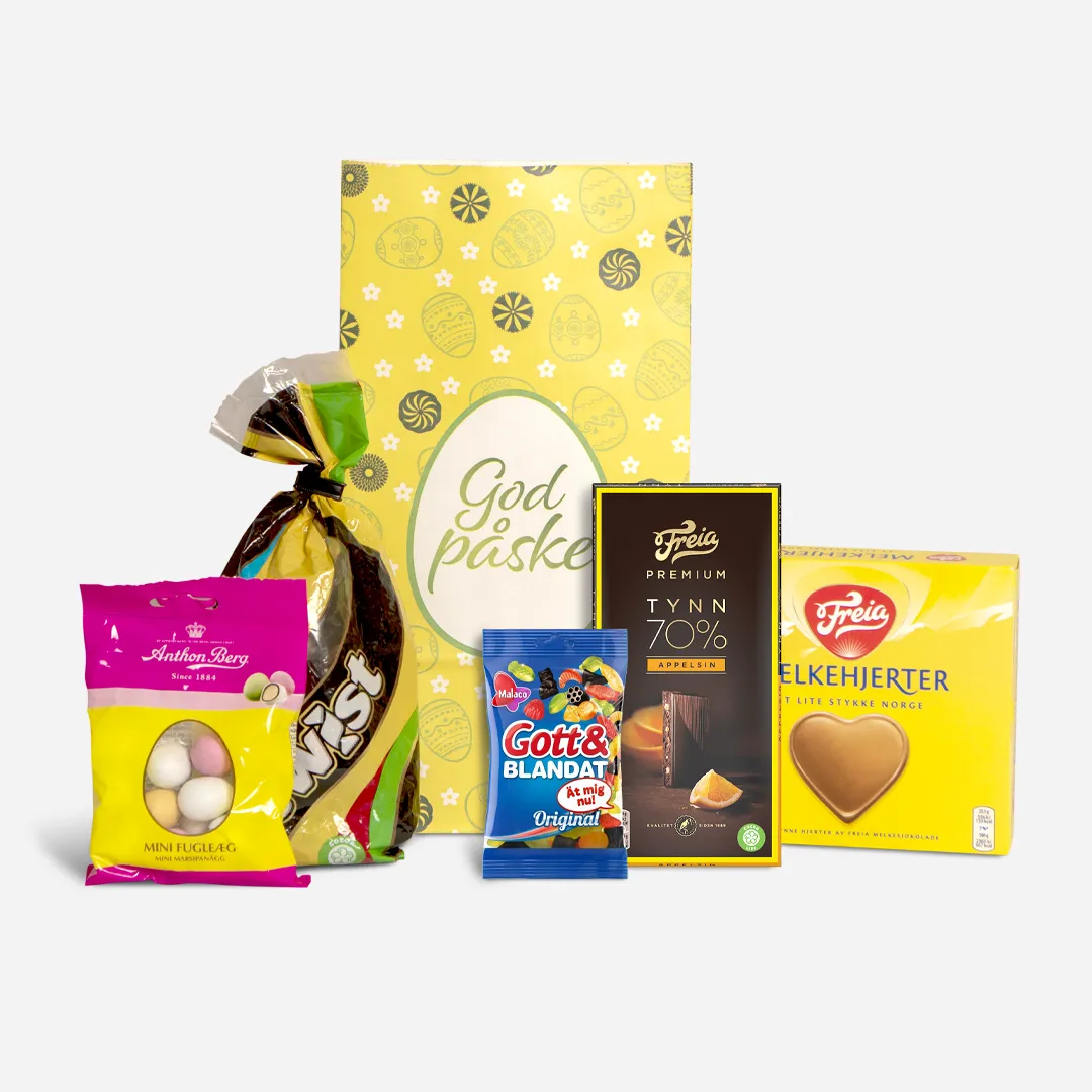 Påskeposen Premium - Innhold: Twist 145g, Melkehjerter Freia 130g, Freia Premium Tynn 70% Appelsin, Anthon Berg Mandelgg 80g, Godt & Blandet 50g Påskeposen Premium