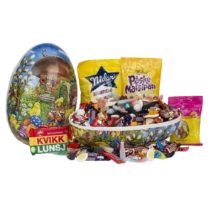 Klassisk påskeegg til ansatte fylt med smågodt, sjokolade og påskemarsipan