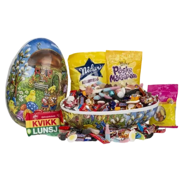 Klassisk påskeegg til ansatte fylt med smågodt, sjokolade og påskemarsipan