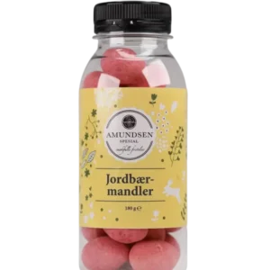 Amundsen Spesials påske jordbær mandler i flaske – 180g med sprø mandler og frisk jordbærsmak