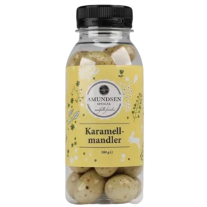 Amundsen Spesials påske karamell mandler i flaske – 180g med sprø mandler og søt karamell smak