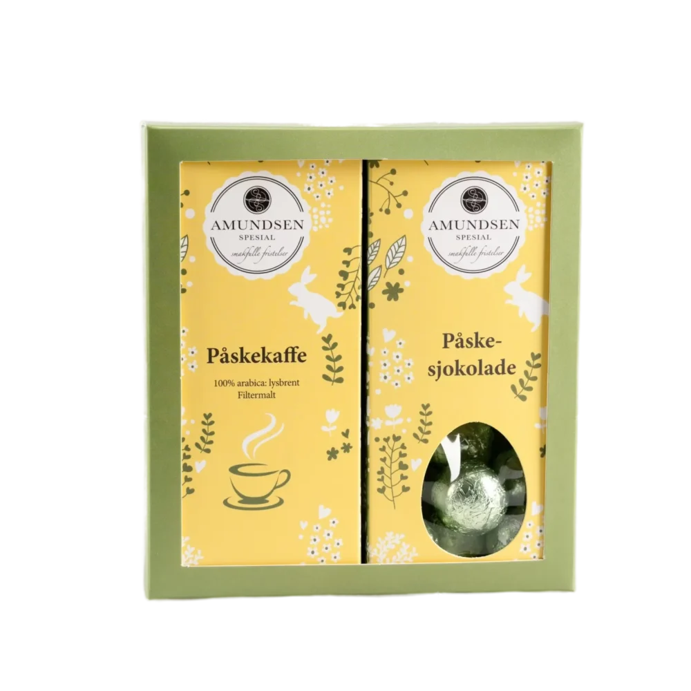 Påskekaffe Og Sjokoladekuler - Gaveeske i påskedesign med: 125g Påskekaffe 120g Påskesjokolade med hasselnøtt Påskekaffe Og Sjokoladekuler